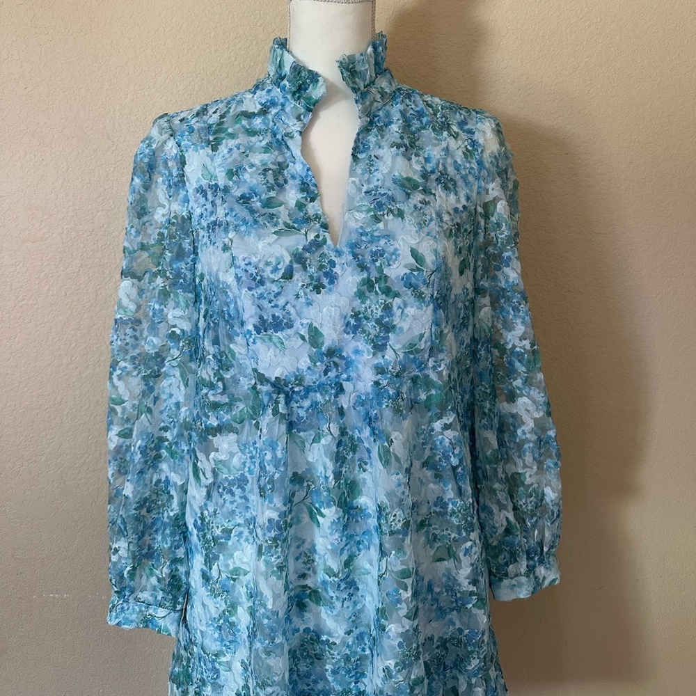 Tuckernuck Water's Edge Hydrangea Organza Palmerston Mini Dress Long Sleeve M - Picture 4 of 15
